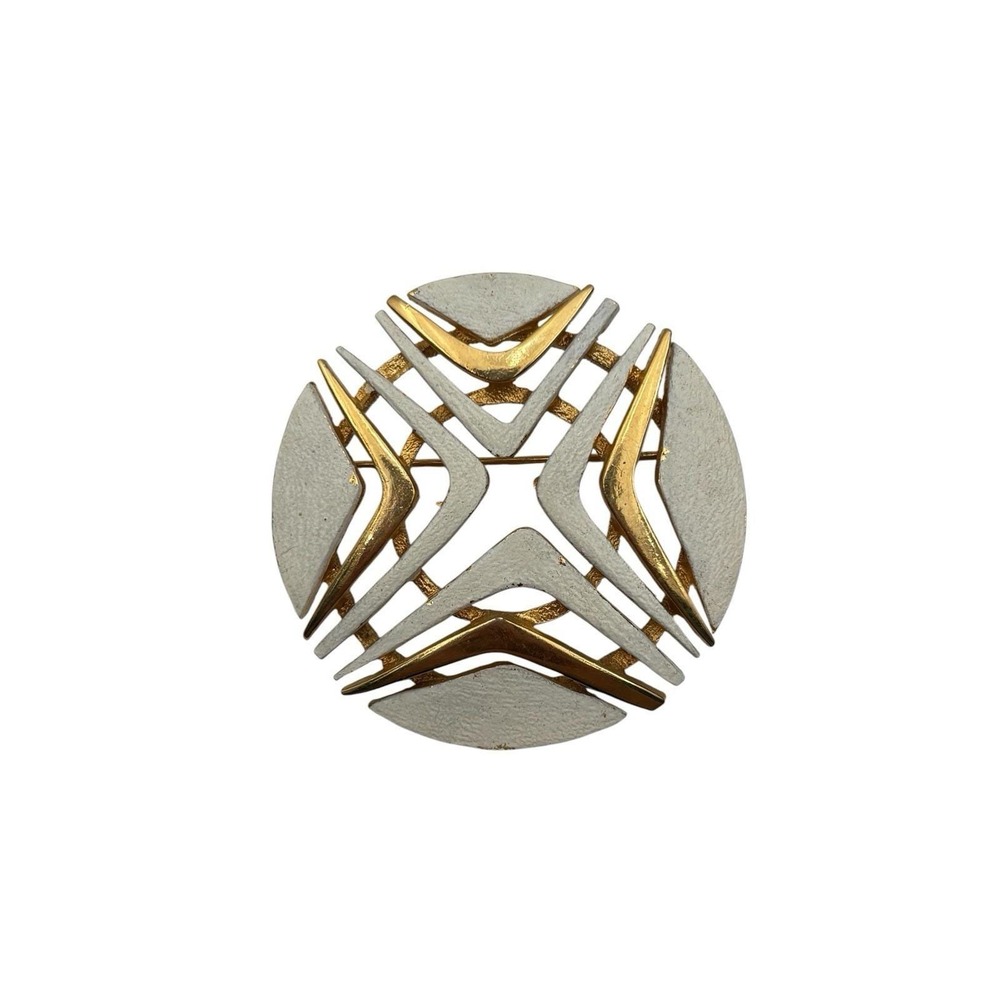 Vintage‎ Signed Roget Gold Tone White Enamel Round Geometric Brooch Pin